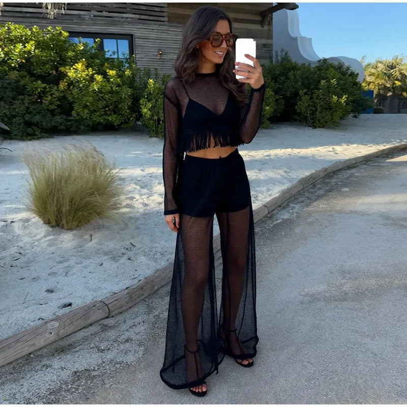 Mesh See Through Tassels Crop Top Pants Sets Women Long Sleeve O-neck Pullover Straight Trousers Suits 2025 Summer Holiday Set