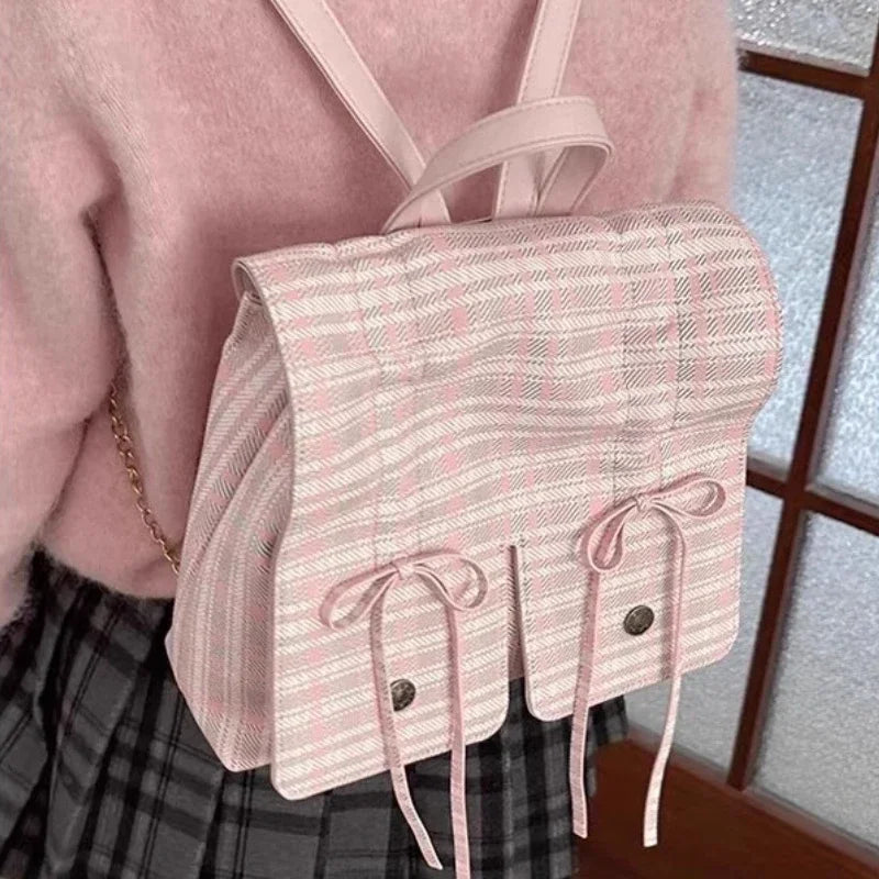 Sweet Y2k Aesthetic Girls Bow Plaid Backpacks Casual All Match Chic Preppy Backpack Women Students Streetwear Fashion Schoolbags
