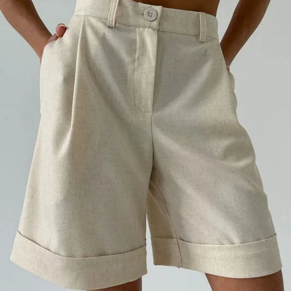 High Waisted Bermuda Shorts Women Elegant Pleated Wide Leg Shorts Linen Cuffed Office Lady Summer Shorts Casual Cotton New