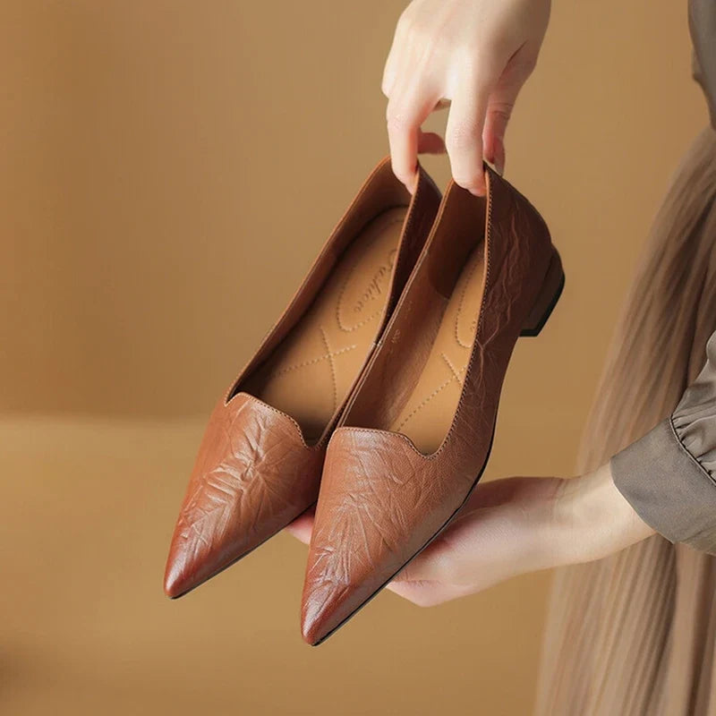 NEW Spring/Autumn Women Pumps Split Leather Shoes for Women Pointed Toe Chunky Heel Shoes Concise Black Slip-on Handmade Shoes