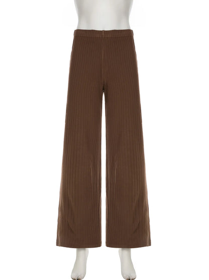Casual Solid Knitted Pants Basic Loose Mid-Waisted Wide Leg Pants Women Autumn Winter Fashion Streetwear Ladies
