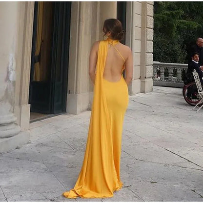 Halter Deep Scoop Back Cape Train Satin Maxi Gown