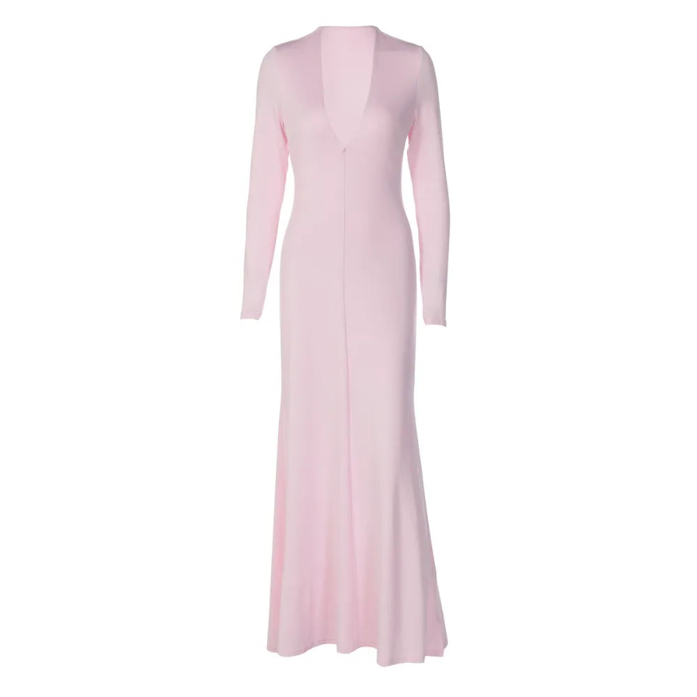 Women's Long Sleeve Deep V-Neck Bodycon Dress Solid Color Slim High Waist Fall Winter Elegant Maxi Dress for Party Club