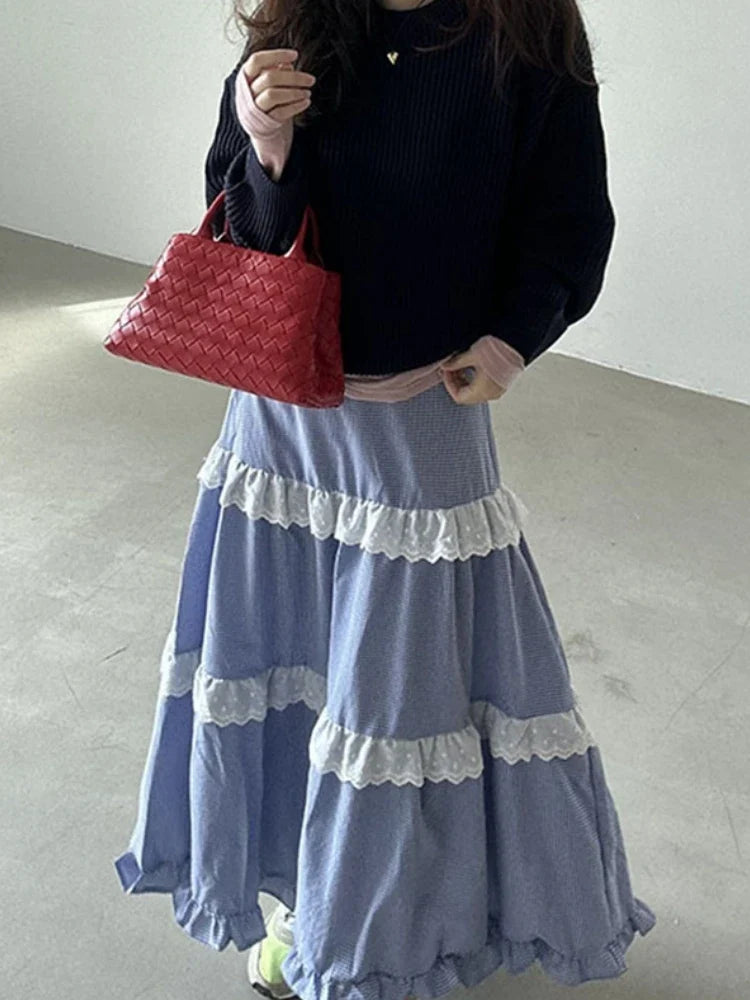 Ruffle Midi Long Skirts Womens Maxi Skirt Goth Lolita Summer Elastic Waist High Low Splice Lace Plaid Skirt rok