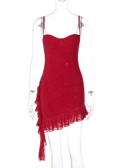 Spaghetti Strap Ruffled Sexy Mini Dress For Women Red Fashion Sleeveless Backless High Waist A-line Club Party Dress