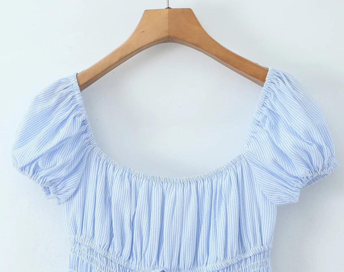 Rural Style Striped Dress New 2026 Women Pink Blue Puff Sleeve Casual Elegant Vacation Summer Dresses Midi Robe