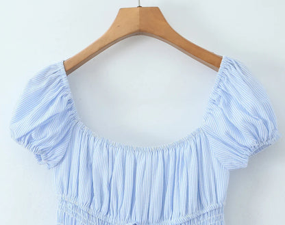 Rural Style Striped Dress New 2026 Women Pink Blue Puff Sleeve Casual Elegant Vacation Summer Dresses Midi Robe