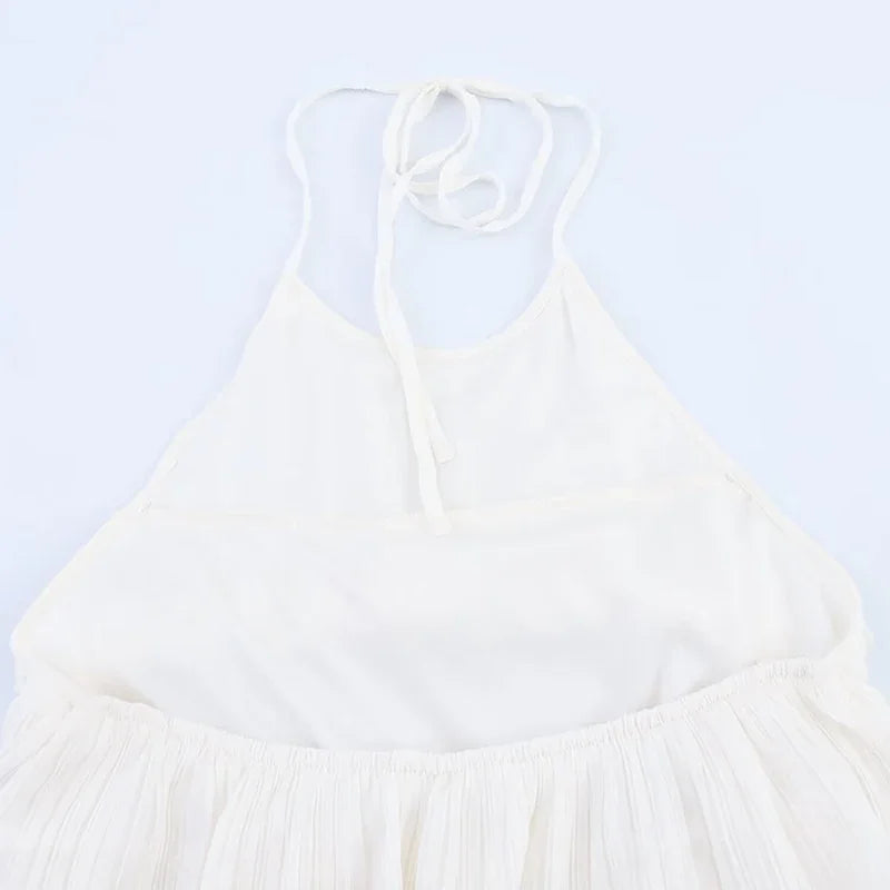 Sexy Halter Cascading Ruffles Mini Dress Women Solid Sleeveless Backless Slim Cake Dresses 2025 Summer Lady Party Beach Robes