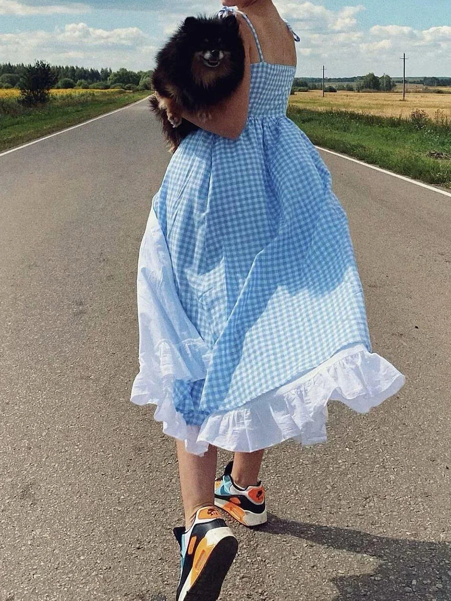 Blue Plaid Holiday Dresses Women Summer V Neck Single Breasted Sleeveless Sling Long Dress 2024 New Casual Chic A-line Vestidos