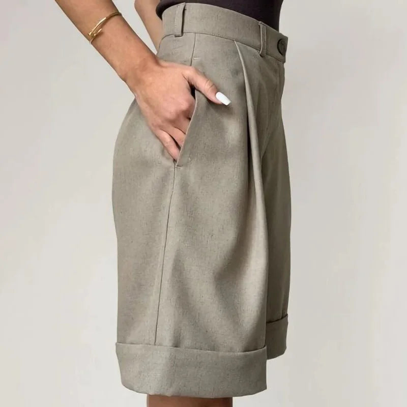 High Waisted Bermuda Shorts Women Elegant Pleated Wide Leg Shorts Linen Cuffed Office Lady Summer Shorts Casual Cotton New