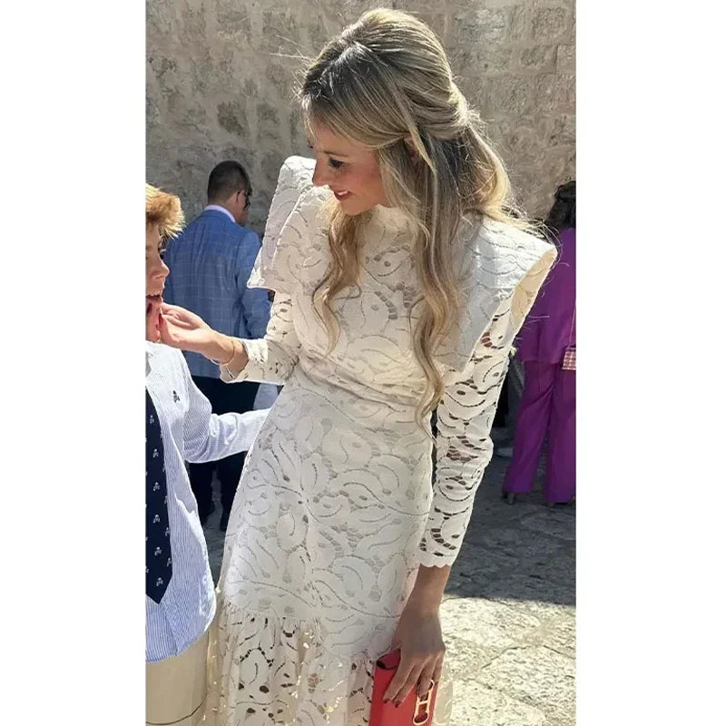 Lace Crochet Long Dress Hollow Out Small Cape Stand Collar Slim Fit Waist Cinched Cloak Beach Dresses Solid Color Elegant Robes