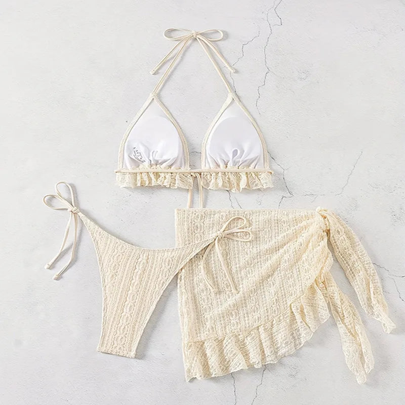 Sexy Beige Mesh Swimsuit Cover Ups String Micro Thong Bikini Women Swimwear 2025 Beach Wear Triangle 3 Piece Bikinis Set Damen