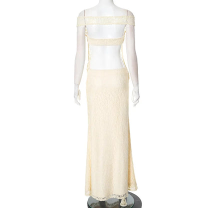 Off Shoulder Floral Lace Asymmetric Neckline Bodycon Maxi Dress