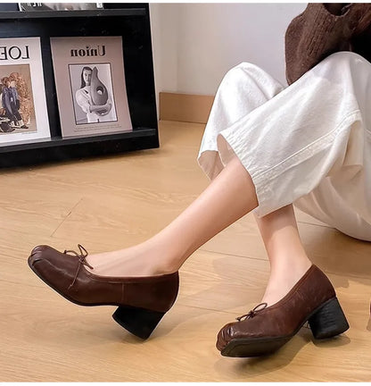 Fashion Square toe Bowknot Soft Leather Women Pumps Spring Summer Ballet Style Thick High heels Casual Chunky Loafer Shoes