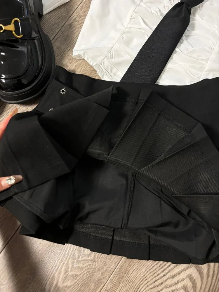 Simple V-neck Slim Fit Long Sleeve White Shirts Women+ Y2k High Waist Ruched Black Skirts Summer New Two Piece Sets