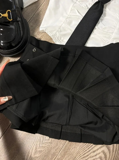Simple V-neck Slim Fit Long Sleeve White Shirts Women+ Y2k High Waist Ruched Black Skirts Summer New Two Piece Sets