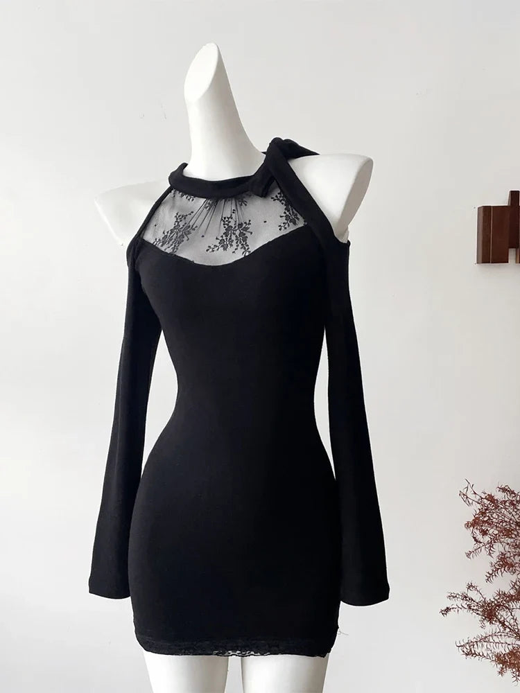 Women Black Gothic Bodycon Evening Dress Vintage Off Shoulder Long Sleeve Long Luxury Dresses Y2k One Piece Frocks 2000s Clothes