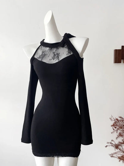Women Black Gothic Bodycon Evening Dress Vintage Off Shoulder Long Sleeve Long Luxury Dresses Y2k One Piece Frocks 2000s Clothes