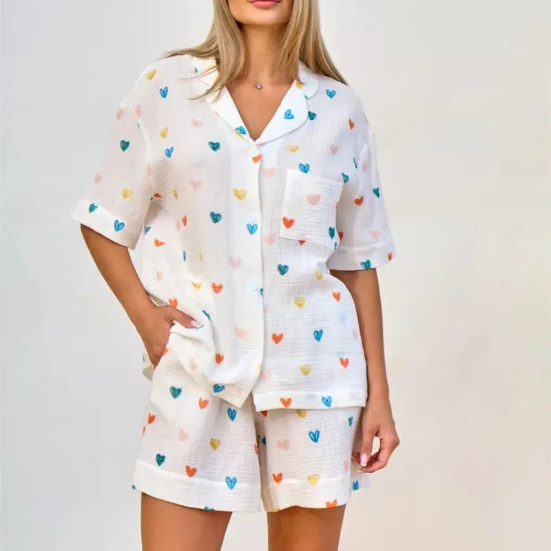 Heart Print Lapel Short Sleeve Top + Shorts Pajamas Loose 100% Cotton Comfortable Women Sets Casual Homewear Sleepwear Outfits