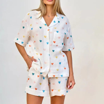 Heart Print Lapel Short Sleeve Top + Shorts Pajamas Loose 100% Cotton Comfortable Women Sets Casual Homewear Sleepwear Outfits