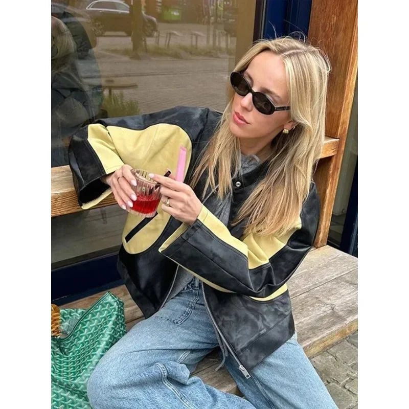 Vintage Patchwork Women's Leather Jacket Loose O-neck Long Sleeve Zipper Moto Biker Coats Autumn Lady Contrast Outwear Y2K