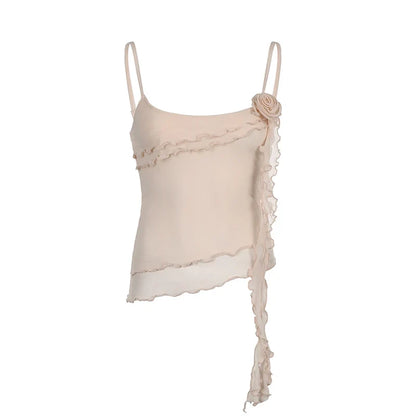 3D Floral Girl Feeling Double Layered Lace Suspender French Romantic Wave Edge Vest