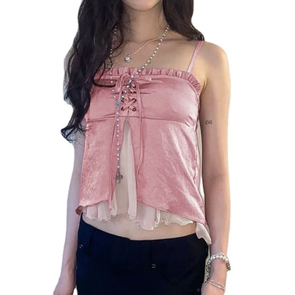 Women's Sleeveless Tank and Camis, Pink Top, Irregular, Two Layers, Slim Lace Up, Y2K Streetwear, Crop Top, Spring, Summer Trafa