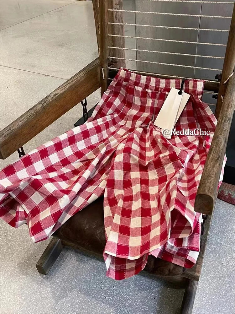 Women Tartan Oversize Casual Wide Pants Pockets Elastic Waist Plaid Cotton Linen Straight Baggy Jorts Summer Korean Clothes