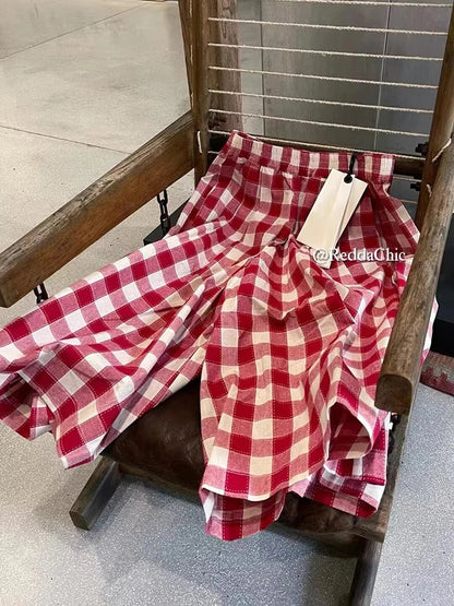 Women Tartan Oversize Casual Wide Pants Pockets Elastic Waist Plaid Cotton Linen Straight Baggy Jorts Summer Korean Clothes