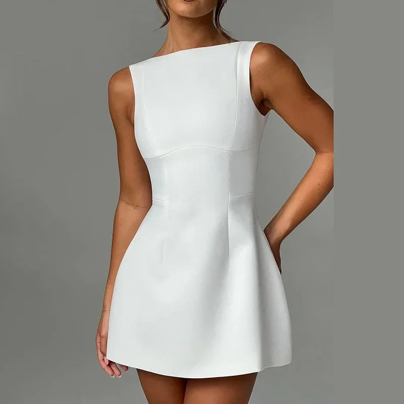 Boat Neck Sleeveless Fitted Waist Flared Skater Mini Dress