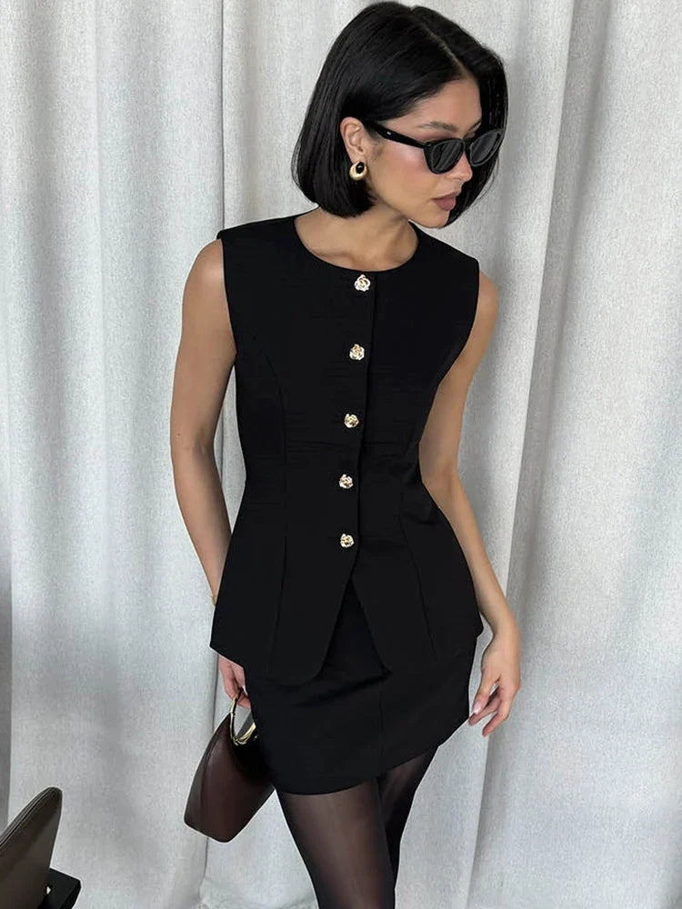 Elegant Solid Blazer Skirt Set Women Flower Buttons Slim Sleeveless Vest Straight Mini Skirt Two Piece Lady Office Outfit