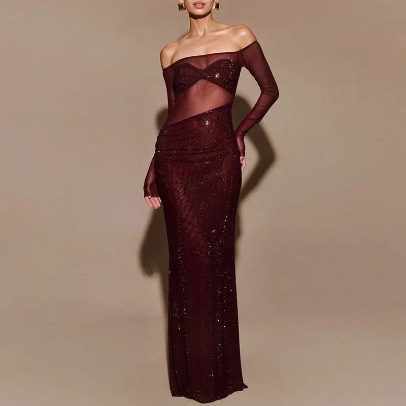 Sexy Sheer Mesh Patchwork Sequin Banquet Evening Dresses Women Spring Slash Neck Slim Long Dress Autumn Backless Hollow Vestidos