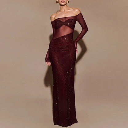 Sexy Sheer Mesh Patchwork Sequin Banquet Evening Dresses Women Spring Slash Neck Slim Long Dress Autumn Backless Hollow Vestidos