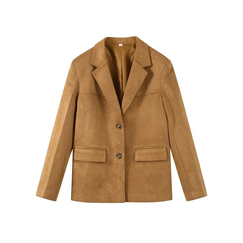 Retro Suede Female Jacket Chic Single Breasted Long Sleeve Lapel Loose Blazer Coat Women 2025 Spring High Street Lady Outerwear
