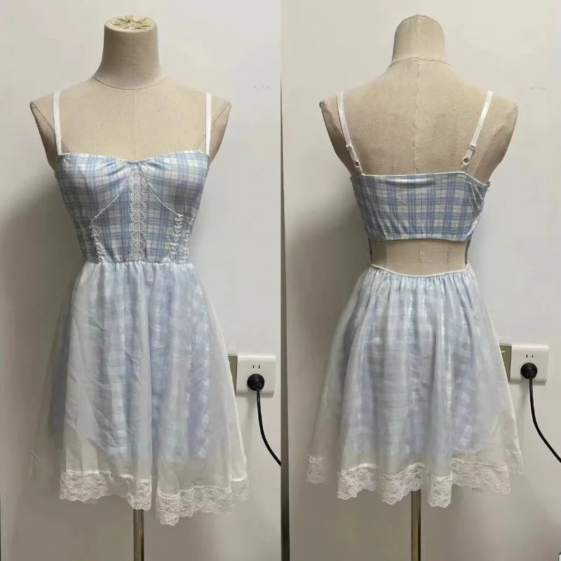 Sexy Sweet Mini Dresses Women Elegant Plaid Hollow Out Backless Slim Mesh Patchwork Party Mini Dress Female Fashion