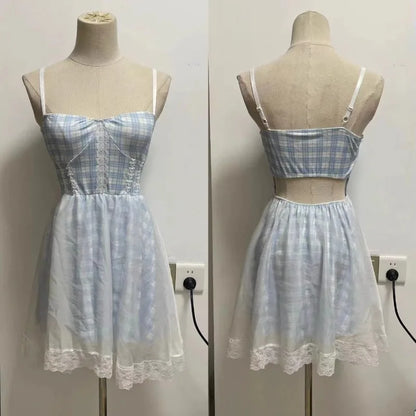 Sexy Sweet Mini Dresses Women Elegant Plaid Hollow Out Backless Slim Mesh Patchwork Party Mini Dress Female Fashion