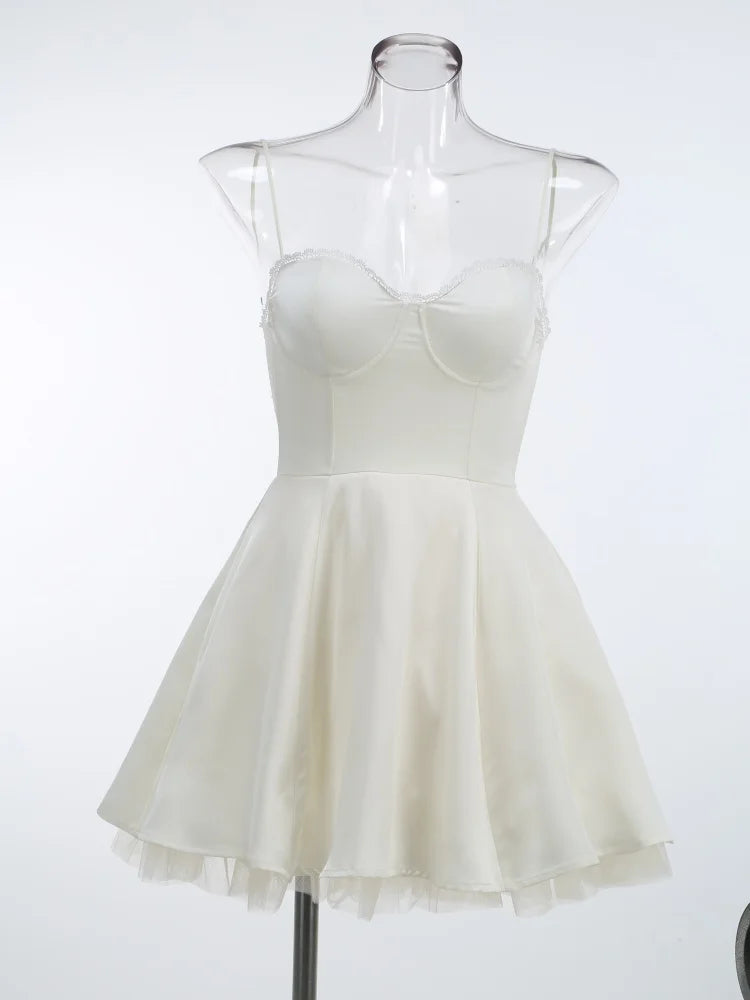 Sweetheart Neck Lace Trim Spaghetti Strap Tulle Hem Fit and Flare Mini Dress