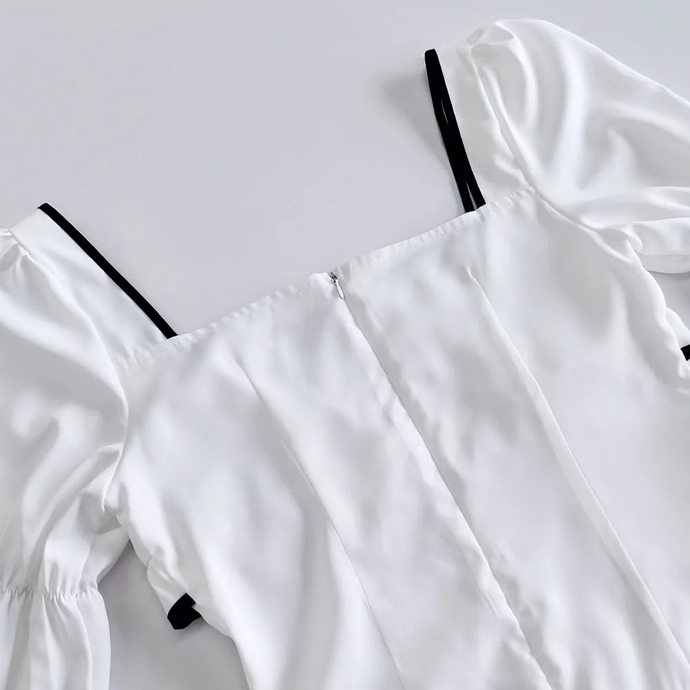 White Elegant A-line Mini Dress Women 2025 New Spring Square Collar Long Sleeve Vestidos High Waist Casual Fashion Short Dresses