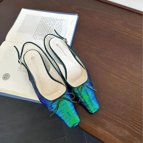 Sandals Straps Slip-on Loafers Summer Women's Suit Female Beige Bling Bling Open Shoes Heel Elastic Band Comfort Black Bright G