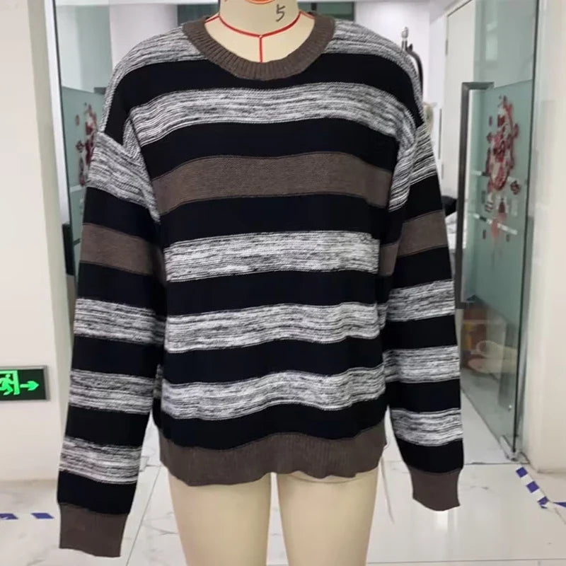 Aesthetic Retro Baggy Jumpers Tops Y2k Women Casual Knitwear Cottage Loose Fit Striped Sweaters Fall Long Sleeve O Neck Pullover