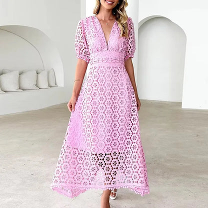 Sexy Deep V Lace Hollow Crochet Solid color Party Dresses Summer Elegant Women Temperament Waist Cinching A-Line Maxi Dress 2025