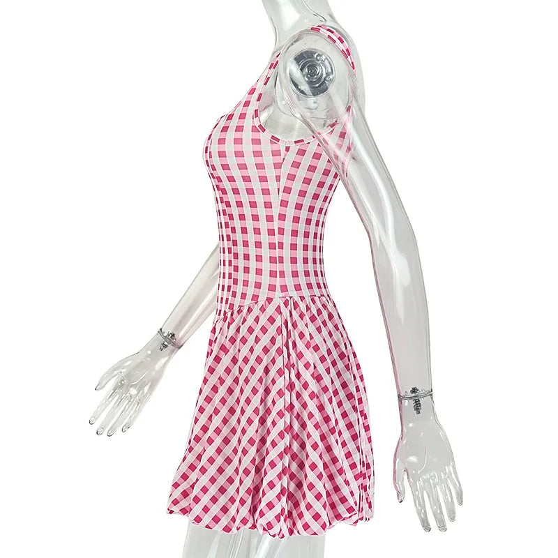 Cute Pink Checkered Mini Dress Square Neck Sleeveless Slim Waist Ruched Bubble Hem A-Line Summer Short Dress for Women
