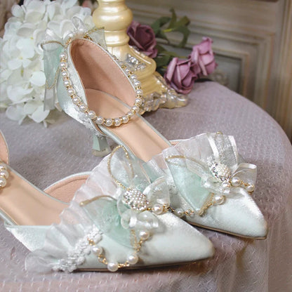 One Night Story Original Lolita Shoes Slim Heels Chinese Style Lolita Pointed Sandals High Heels Handmade Flower Wedding Shoes