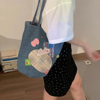 Patchwork Plaid All Match Jeans Bag Trendy Fashion Y2k Aesthetic Underarm Bag Casual Office Lady Shoulder Handbags Women Korean