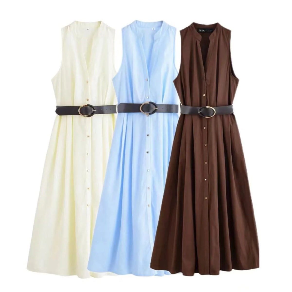 Casual Fashion Women's Dress Solid Color Round Neck Sleeveless Single Breasted Drape Belt Dress New Commuter Pleated Dress