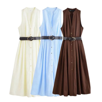 Casual Fashion Women's Dress Solid Color Round Neck Sleeveless Single Breasted Drape Belt Dress New Commuter Pleated Dress