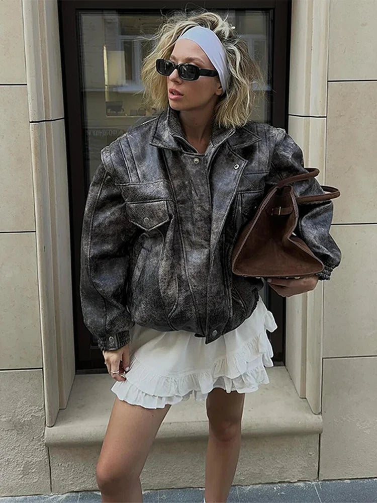 Women's Cropped PU Leather Jacket Chic Turn Down Collar Zipper Gradient Color Female Retro Coat Autumn Motorcycle Outwears