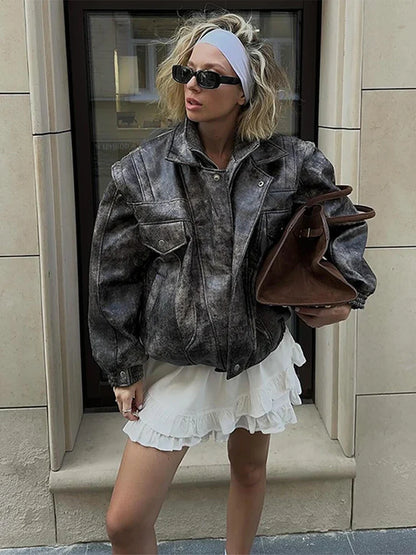 Women's Cropped PU Leather Jacket Chic Turn Down Collar Zipper Gradient Color Female Retro Coat Autumn Motorcycle Outwears