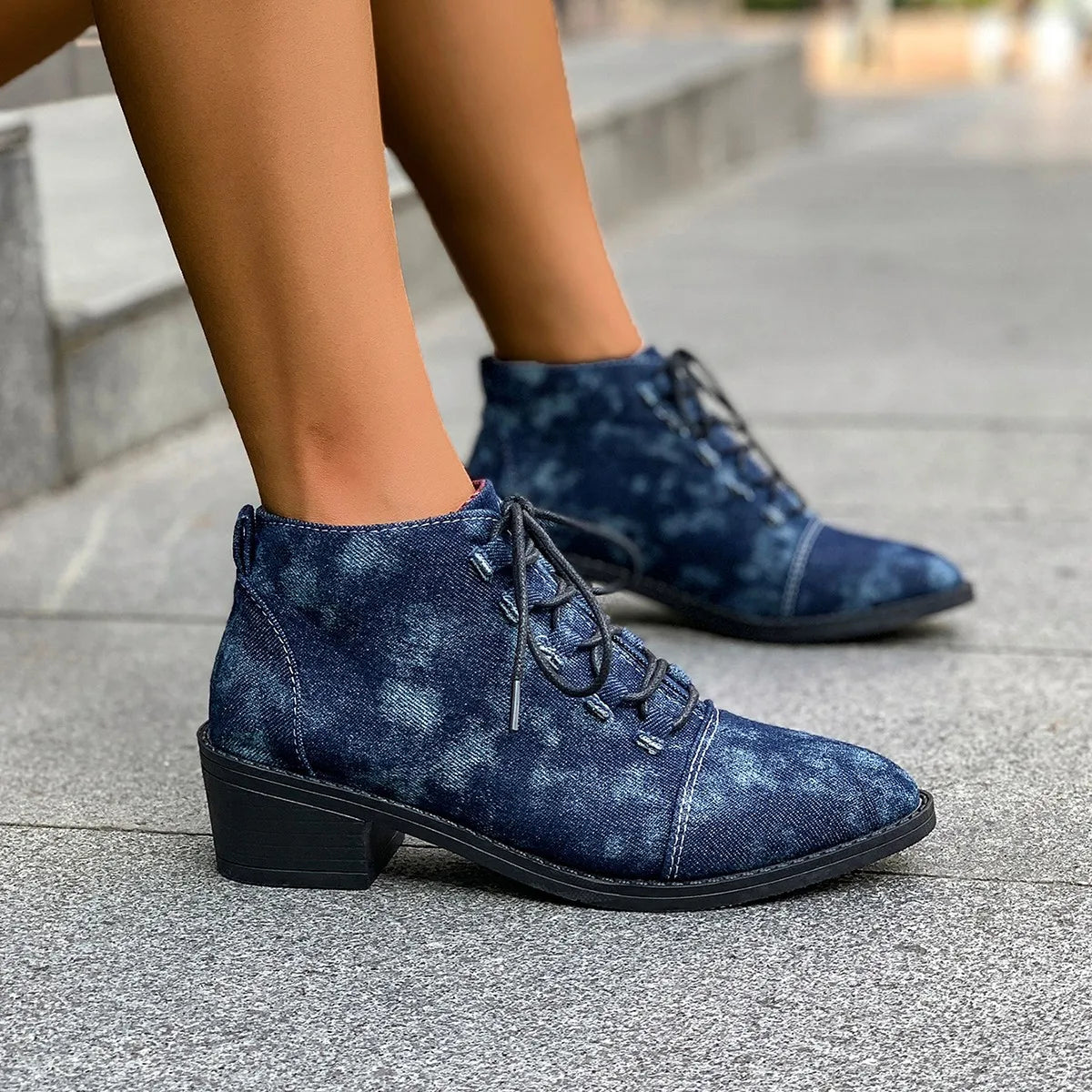 Womens Pointed Toe Denim Jeans Ankle Boots Lace Up Chunky Heel Casual Motorcycle Shoes Retro Plus Size NEW