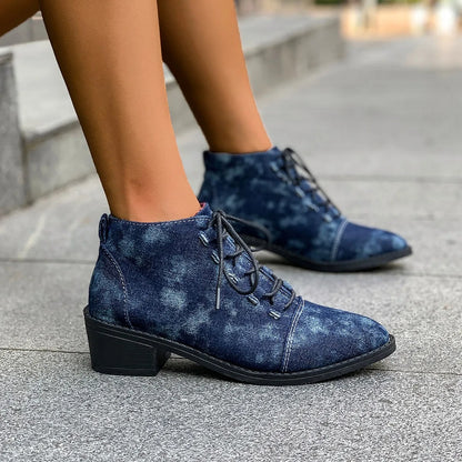 Womens Pointed Toe Denim Jeans Ankle Boots Lace Up Chunky Heel Casual Motorcycle Shoes Retro Plus Size NEW